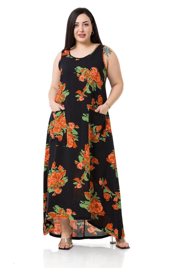 Wide-strap Patch-pocket Floral Long Viscose Dress — Orange