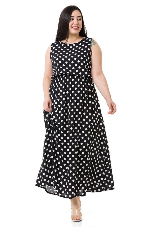 Wide-strap Elastic-waist Dotted Long Viscose Dress — Black & White