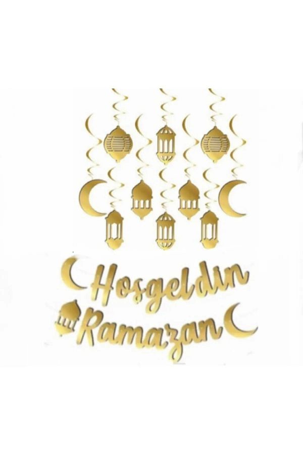 1 Adet Gold Hoşgeldin Ramazan Kaligrafi Banner Ve 1 Adet 3 D Tavan Süs Seti