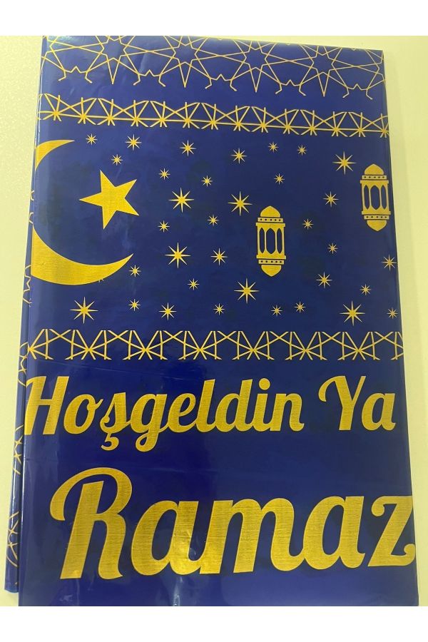 Ramazan Ayı Dekorları Gold Hoşgeldin Ramazan Yazılı Koyu Mavi Plastik Masa Örtüsü