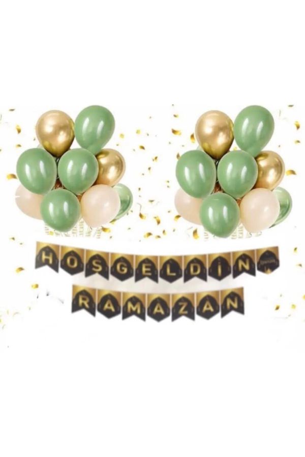 Hoşgeldin Ramazan Balonlu Set Zigzag Banner Krom Gold Küf Yeşili Balon Seti