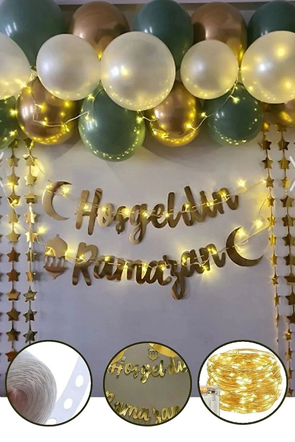 Hoşgeldin Ramazan Gold Yazı Ledli Zincir Balon Seti Ramazan Bayramı Oda Süsleme Seti