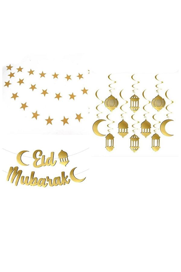 Ramazan Ayı Süs Setleri 3 Lü Set 4m Yıldız & Eid Mubarak Yazı Ve 10 Lu 3 D Yay Süs