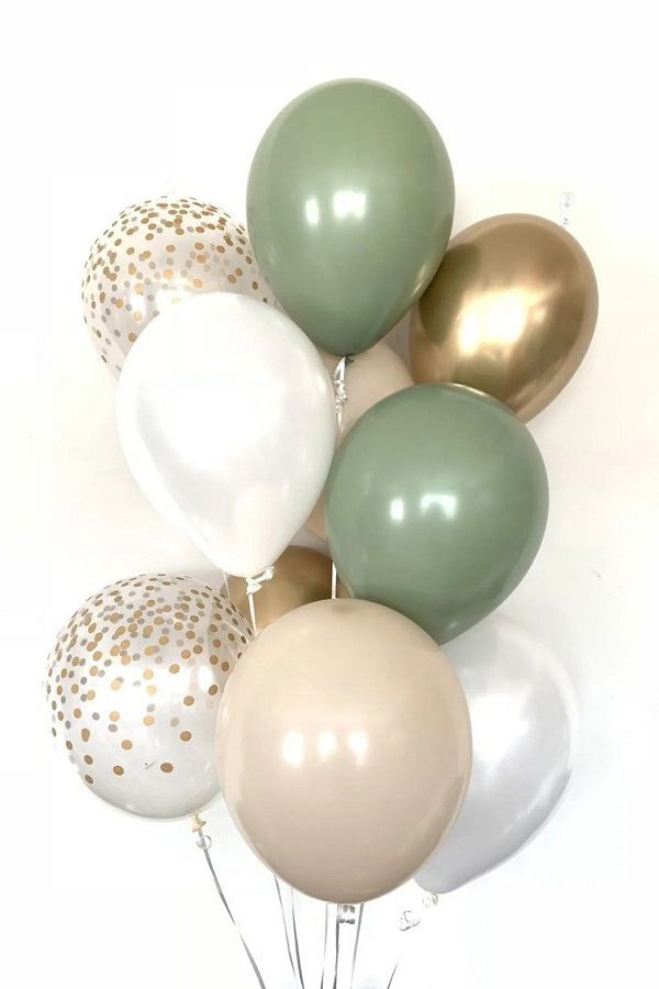 Retro Balon Küfyeşili Adaçayı Denizkumu Metalikbeyaz Kromgold Şeffaf Konfetili Balon Seti