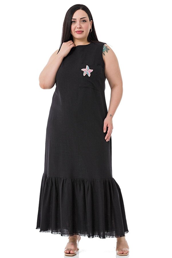 Pocket-detail Sleeveless Linen Long Dress — Black