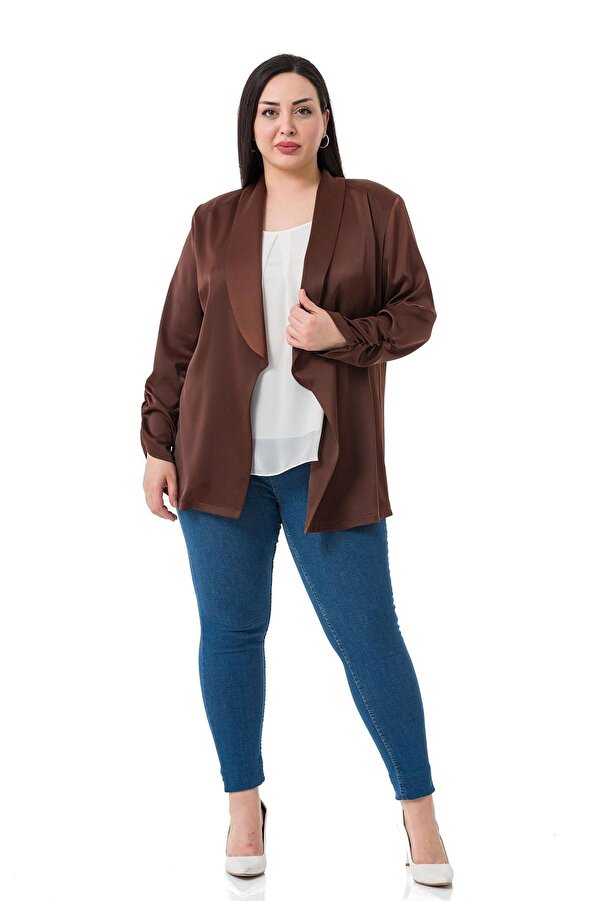 Shawl Collar Sleeve Shirred Unlined Satin Jacket &mdash; Brown