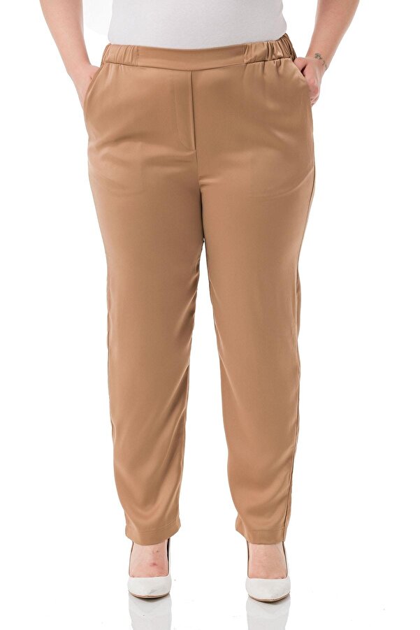 Side & Back Elasticated with Pockets Satin Trousers — Mink