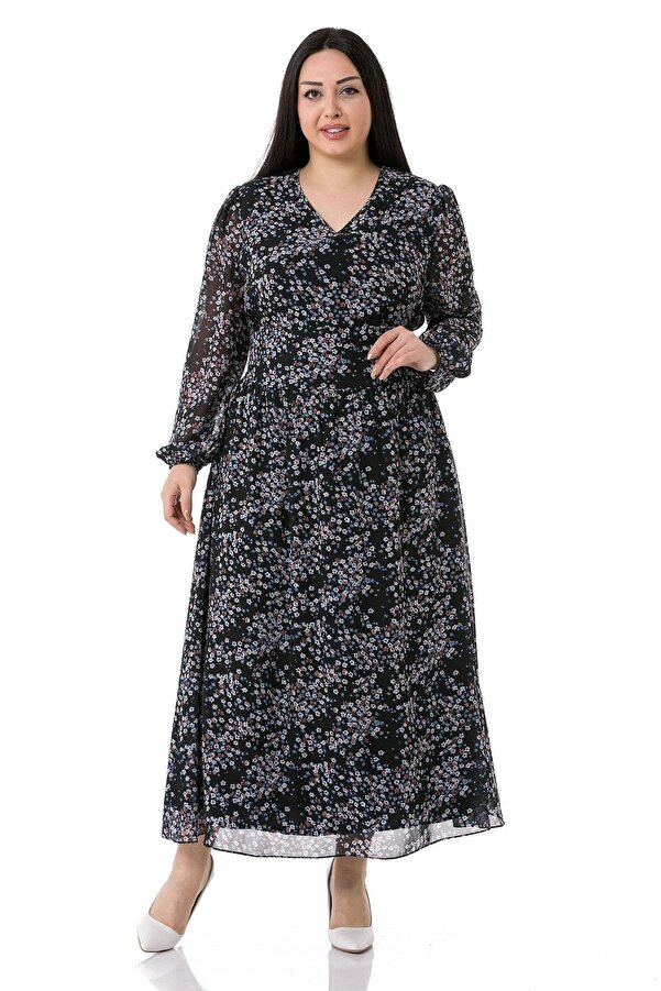 V-neck Waist & Sleeve Opening Elasticated Chiffon Long Lined Dress — Black