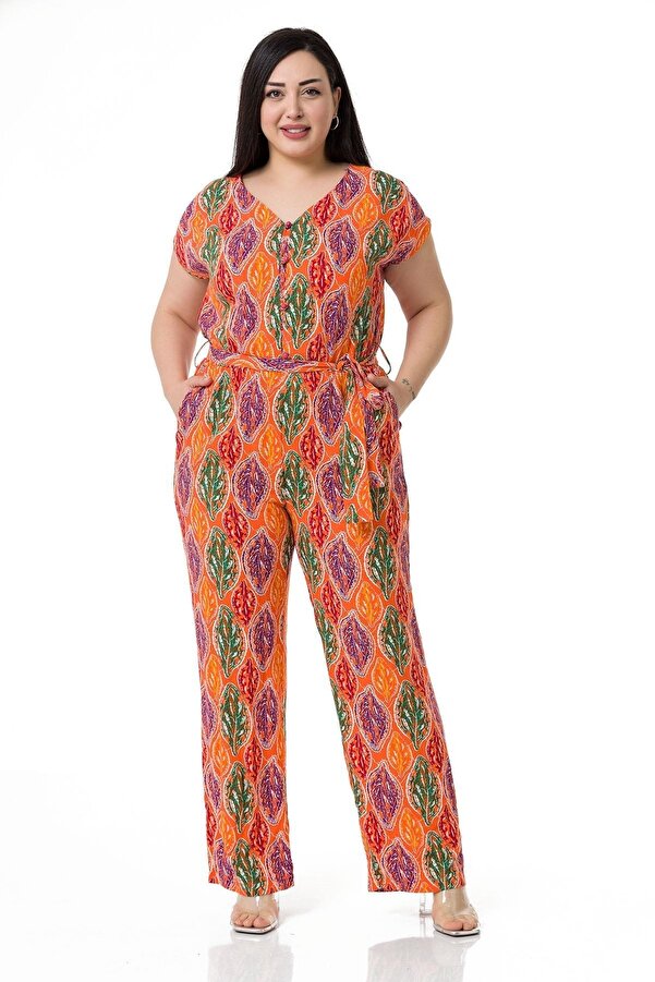 V-neck Front Buttoned Drop Sleeve Elastic-waist Belted with Pockets Jumpsuit — Orange