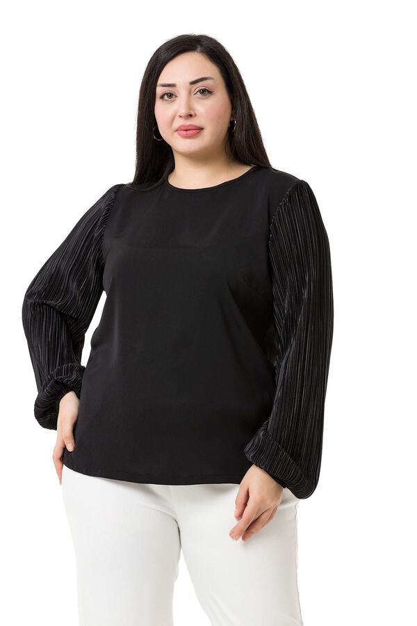 Sleeve Opening Elasticated Kraşlı Fabric Contrast-panel Side-slit Blouse &mdash; Black