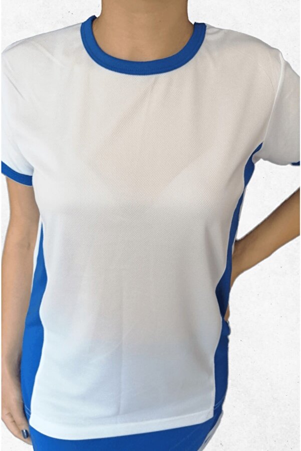 Yanları Lacivert Detaylı Büyük Beden Kadın Beyaz Spor Tişört