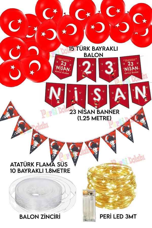 Ledli 23 Nisan Çocuk Bayramı Zincir Banner Ve Flamalı Bayrak Balon Süsleme Seti Okul Ev Oda Süsleri_0