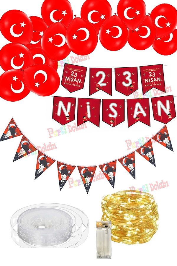 Ledli 23 Nisan Çocuk Bayramı Zincir Banner Ve Flamalı Bayrak Balon Süsleme Seti Okul Ev Oda Süsleri_1