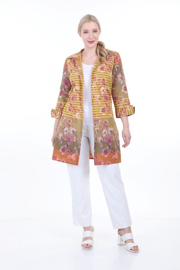 Shirt Collar Self Floral & Stripe Cuff Geriye Kıvrık Buttonless Shirt Jacket — Yellow