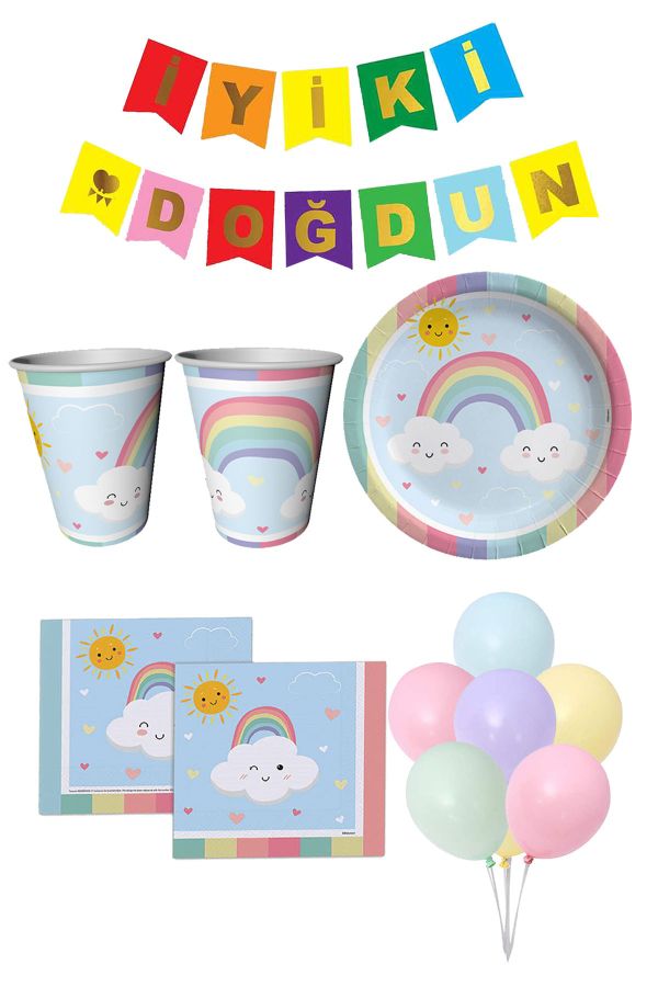 8 Kişilik Gökkuşağı Bulut Konseptli Doğum Günü Parti Seti Rengarenk Pastel Makaron Renkler Balon Set