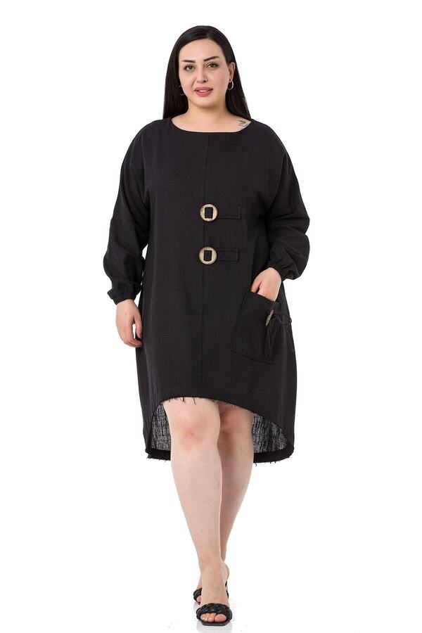 Buckle-detail Sleeve Opening Elasticated Longer-back Linen Tunic Dress — Black