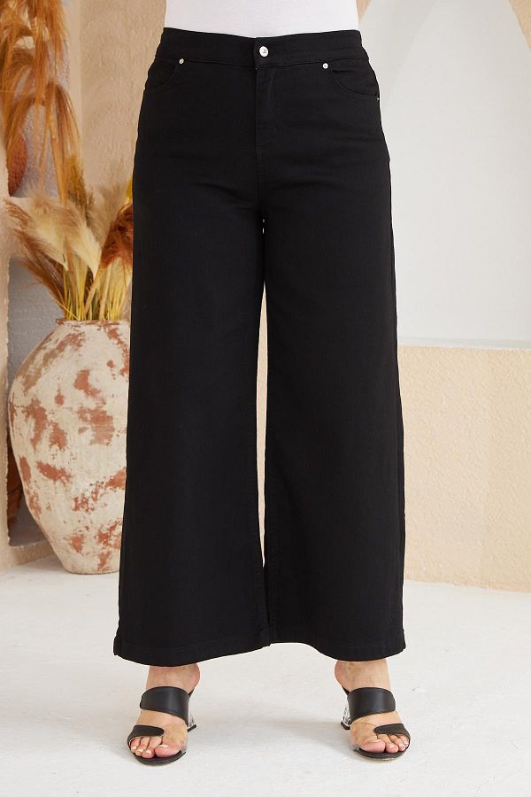 Beli Lastikli Bol Paça Büyük Beden Siyah Kot Pantolon