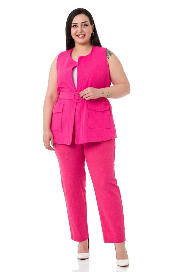 Belted Vest Trousers Linen Lined Set &mdash; Fuchsia