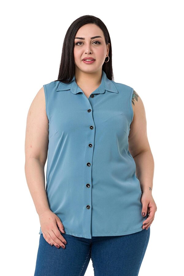 Shirt Collar Buttoned Sleeveless Shirt — Blue