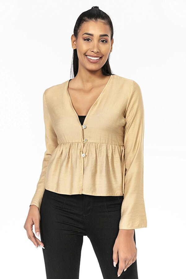 Flared Sleeve Button-front Short Bolero — Beige
