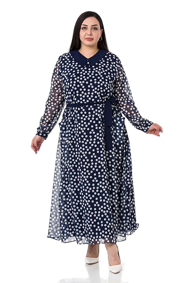 Collar-detail with Pockets Belted Chiffon Lined Dotted Long Dress — Navy