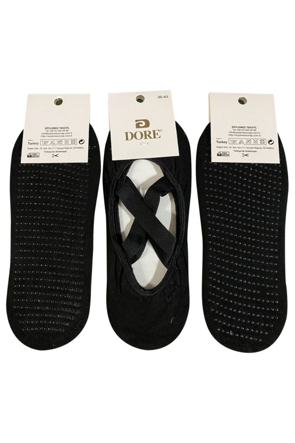 Siyah Dore Yoga & Plates Çorabı 3'lü Paket Üstü Açık Kaydırmaz Taban Silikonlu