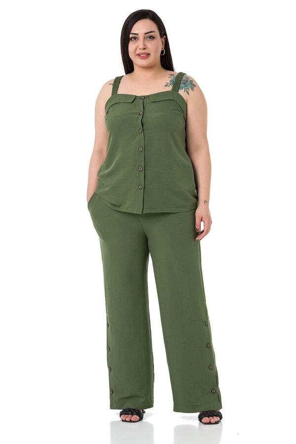 Button-detail Blouse Trousers Aerobin Set — Khaki