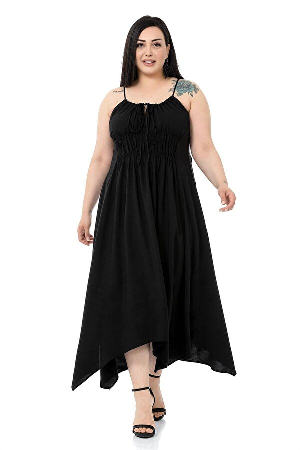 Spaghetti-strap Elastic-waist Long Dress — Black