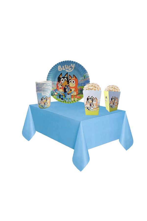 Bluey Temalı Doğum Günü Süsü Bluey Tabak Bardak Seti + Popcorn Box + Masa Örtüsü 3'lü Set