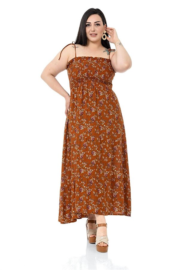 Spaghetti-strap Göğsü Frilled & Elasticated Long Dress — Brown