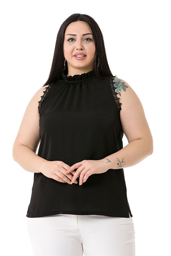 Collar-detail Sleeves Lace-detail Blouse — Black