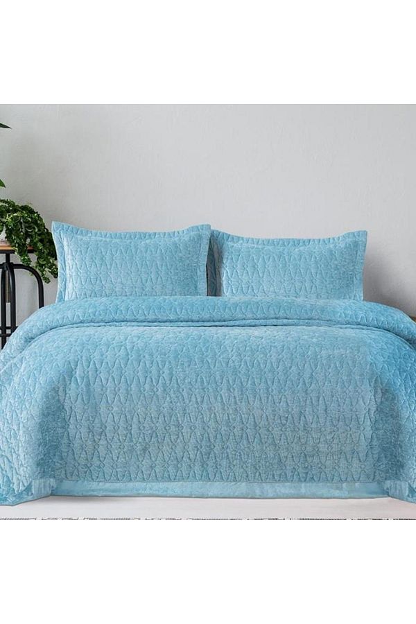 Çift Kişilik Nakışlı Kadife Yatak Örtüsü Art Deco Indigo 240x250