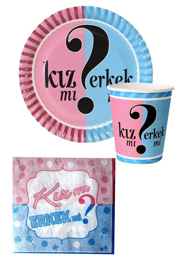 8'li Cinsiyet Belirmele Set Kız Mı? Erkek Mi? Karton Bardak Tabak Peçete Baby Shower Parti Süsleri