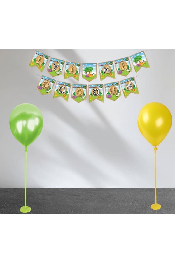 Tek Ayaklı Sarı Yeşil Balon Standı Safari Temalı Balon Stant ve Banner Seti 2'li