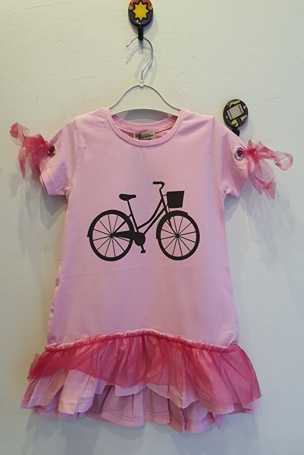 Kız Çoçuk  Bisiklet Baskılı Tütülü Elbise