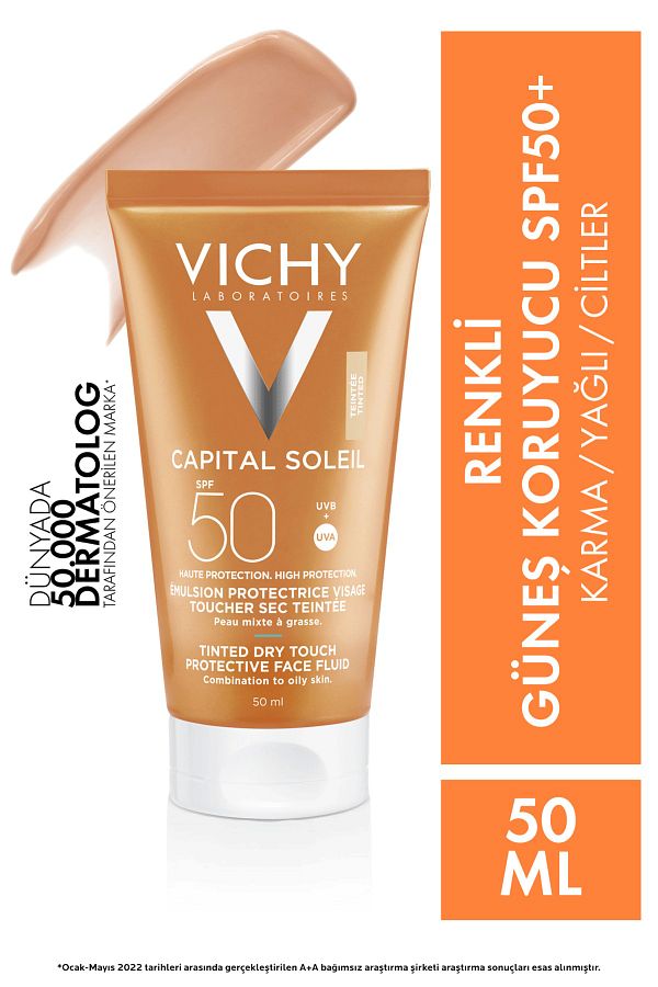 Capital Soleil Dry Touch Parlama Karşıtı Yüksek Korumalı Renkli Yüz Güneş Kremi Spf 50, 50 ml