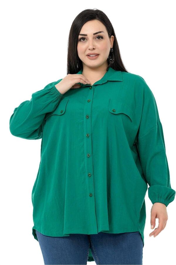 Pocket Kapağı Detail Sleeve Opening Elasticated Shirt — Green