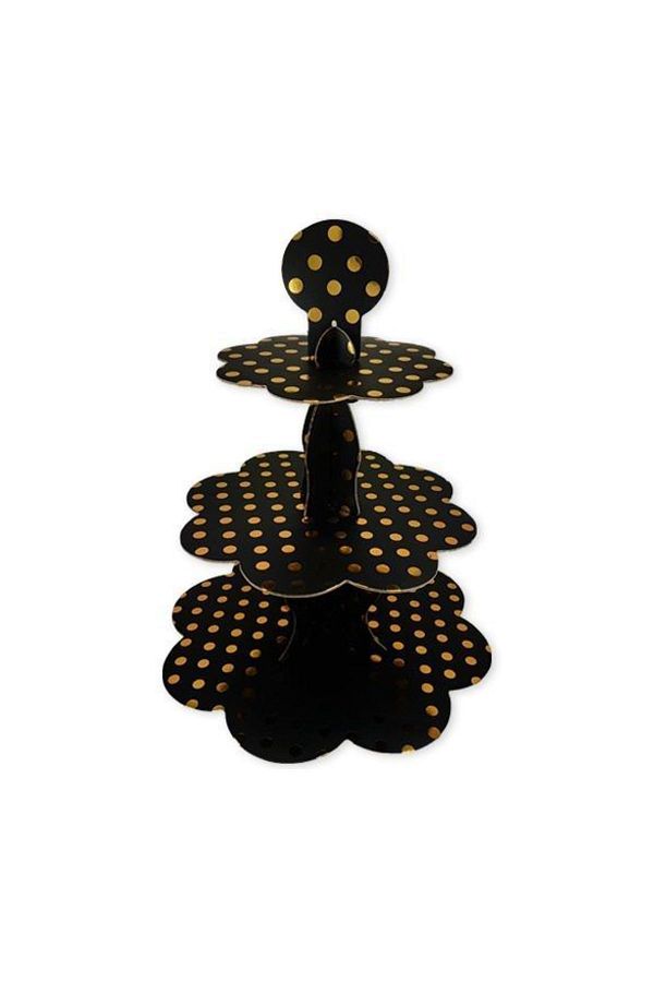 Gold Puantiyeli Siyah Cupcake Kek Standı, Benekli 3 Katlı Stand Parti Dolabı