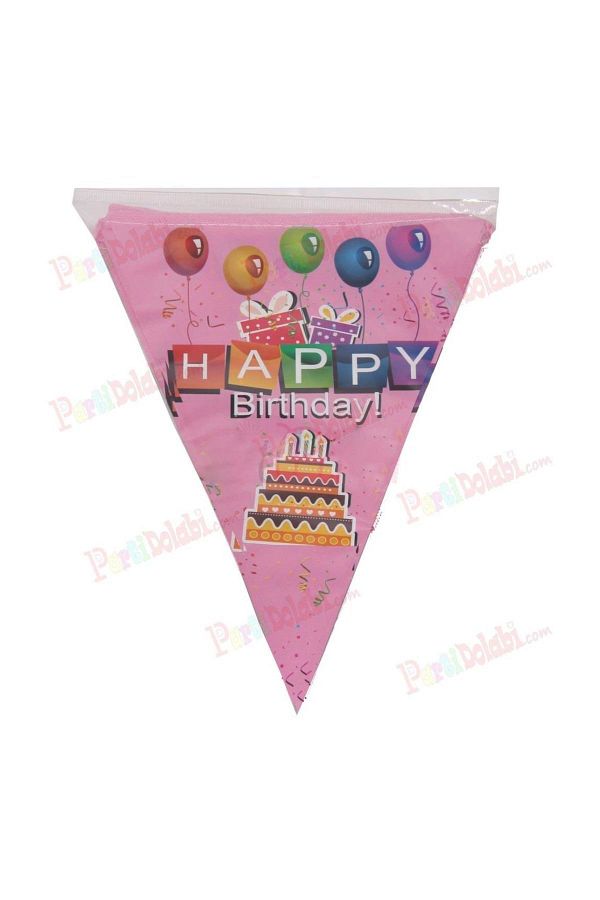 Pembe Happy Birthday Yazılı Flama, 2 m Bayrak Asmalı Duvar Süsü