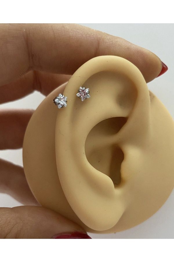 cerrahi çelik iki ucu taşlı helix kıkırdak tragus rook lobe uyumlu yarım halka piercing