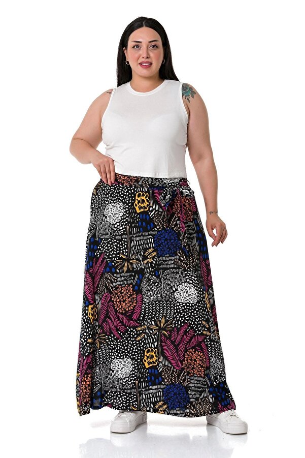 Waist Back Elasticated Flared with Pockets Belted Long Skirt — Black