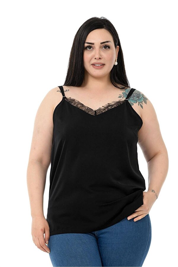 Collar Lace-detail Adjustable Lightweight Strappy Blouse — Black