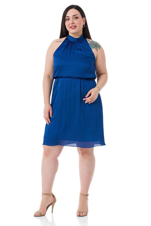 Neck-tie Elastic-waist Mini Satin Dress — Saxe Blue