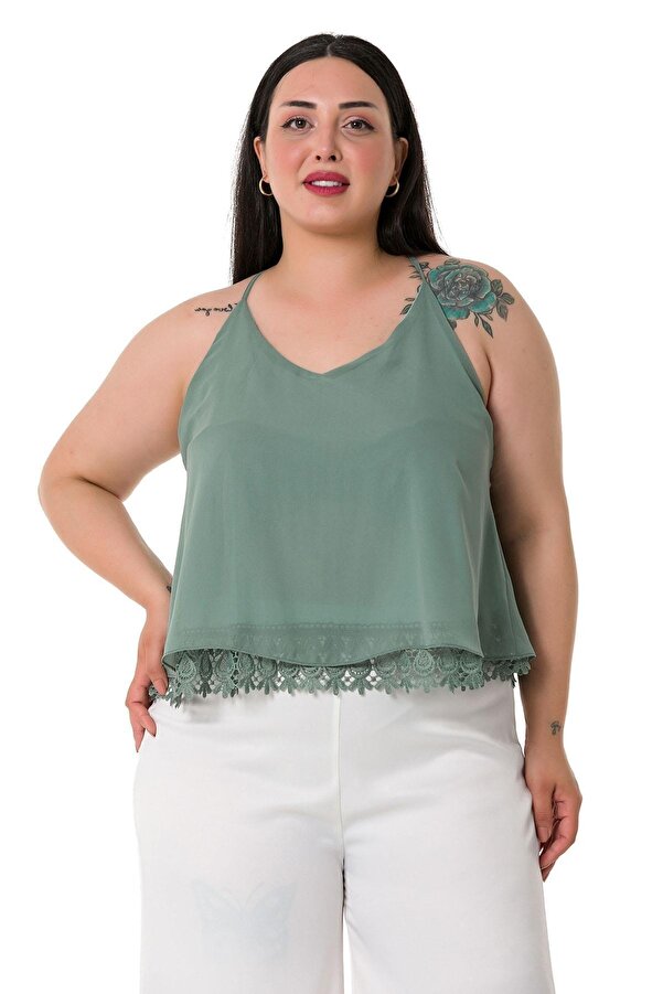 Back Low-cut Lace-detail Chiffon Blouse — Aqua Green
