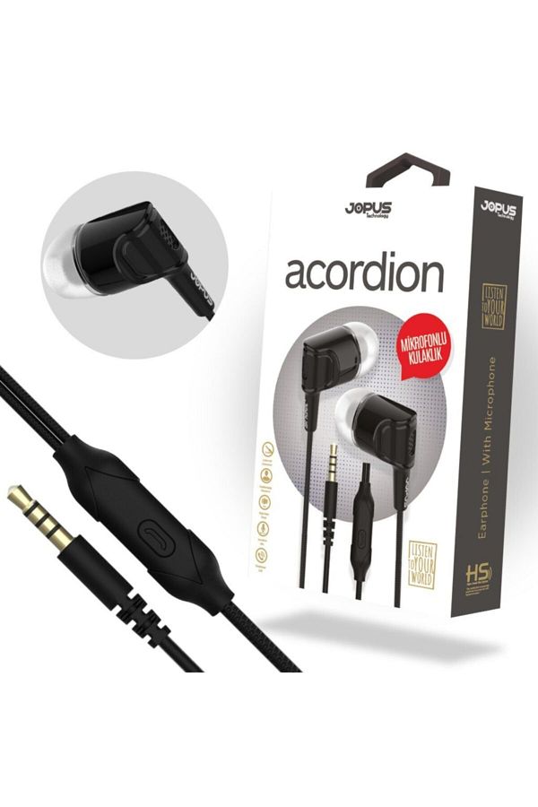 Acordion Mikrofonlu Kablolu Kulakiçi Kulaklık Siyah Jo-k52