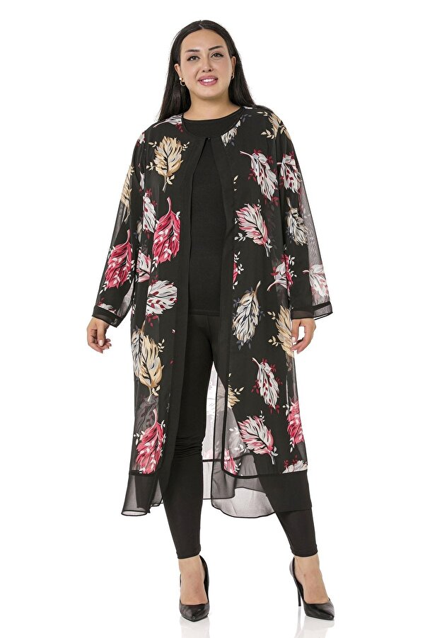 Button-detail Leaf-print Unlined Chiffon Jacket — Black