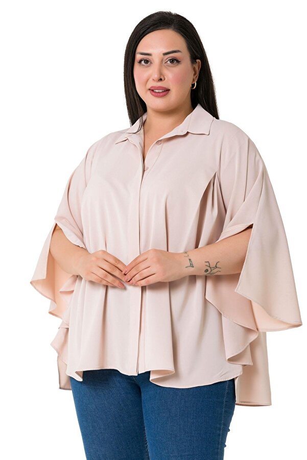 Cape Sleeve Hidden Placket Plissé Detail Shirt — Powder Pink