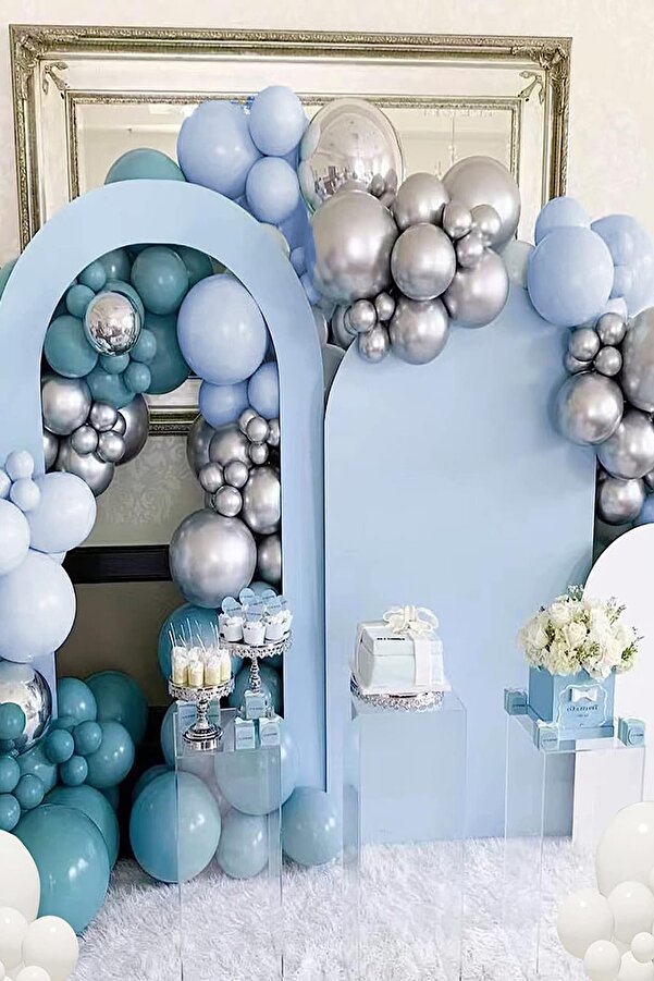 45'li Derin Okyanus Deniz Mavisi, Krom Gümüş Zincir, Sticker Balon Seti Retro Doğum Günü Balonu