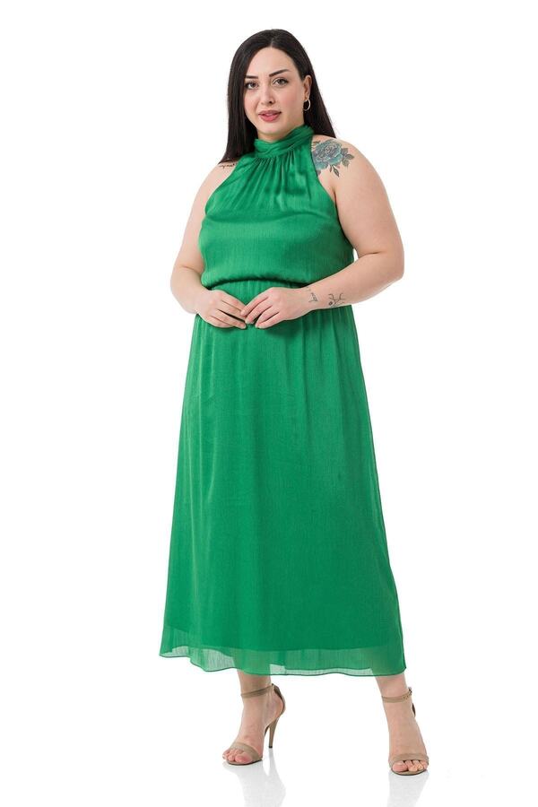 Neck-tie Elastic-waist Satin Long Dress — Green