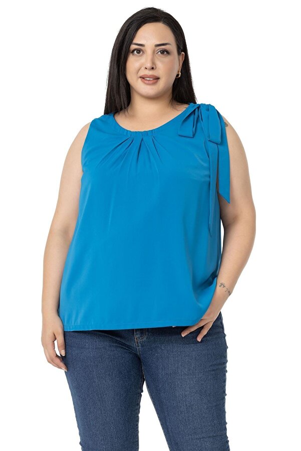 Collar Pleated On-shoulder Ribbon Detail Lined Sleeveless Blouse — Indigo
